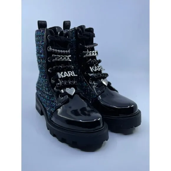 New Karl Lagerfeld Ladies Turquoise Maple Tweed Combat Boot Size 7.5