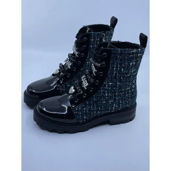 New Karl Lagerfeld Ladies Turquoise Maple Tweed Combat Boot Size 7.5