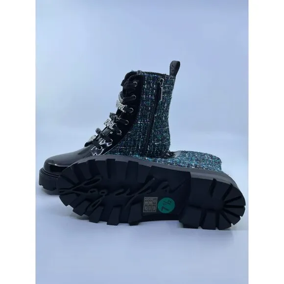 New Karl Lagerfeld Ladies Turquoise Maple Tweed Combat Boot Size 7.5