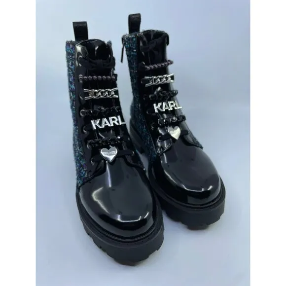 New Karl Lagerfeld Ladies Turquoise Maple Tweed Combat Boot Size 7.5