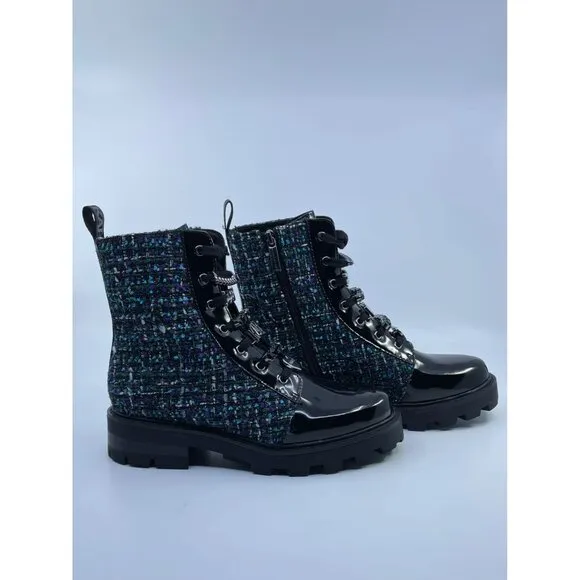New Karl Lagerfeld Ladies Turquoise Maple Tweed Combat Boot Size 7.5
