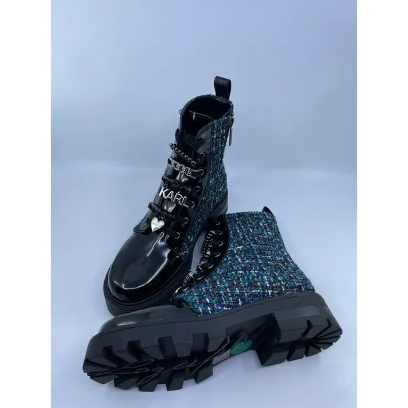 New Karl Lagerfeld Ladies Turquoise Maple Tweed Combat Boot Size 7.5