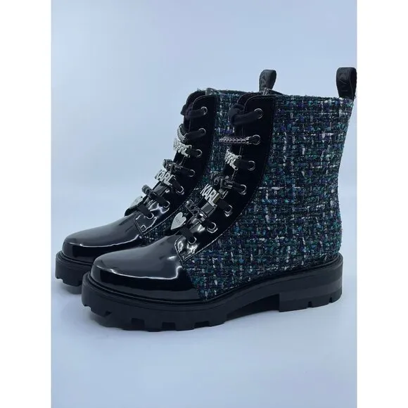 New Karl Lagerfeld Ladies Turquoise Maple Tweed Combat Boot Size 7.5