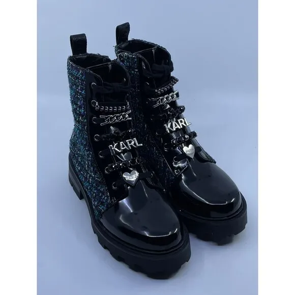 New Karl Lagerfeld Ladies Turquoise Maple Tweed Combat Boot Size 7.5