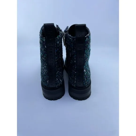 New Karl Lagerfeld Ladies Turquoise Maple Tweed Combat Boot Size 7.5