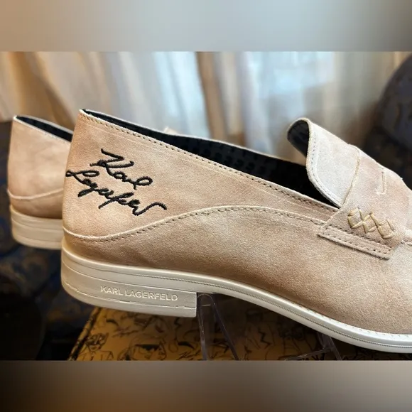 New Karl Lagerfeld Men Embroidered Logo Slip-On Collapsible Heel Penny Loafers 9