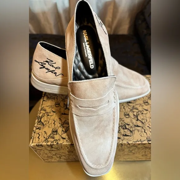 New Karl Lagerfeld Men Embroidered Logo Slip-On Collapsible Heel Penny Loafers 9
