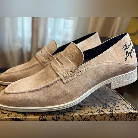 New Karl Lagerfeld Men Embroidered Logo Slip-On Collapsible Heel Penny Loafers 9