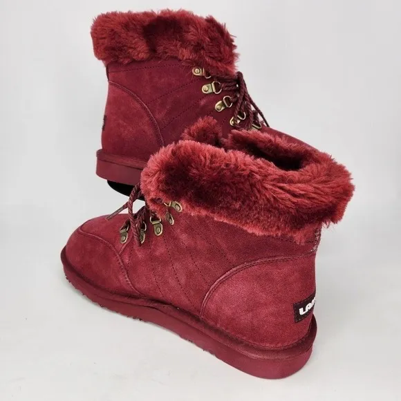 New Lamo Linden Water &amp; Stain Resistant Lace-Up Suede Boots Burgundy Size 8