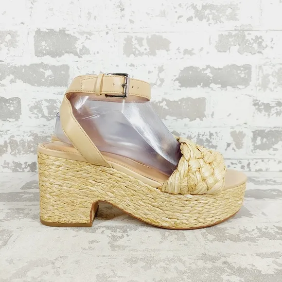 NEW Marc Fisher Steel Tan Woven Platform Heel Sandals X120