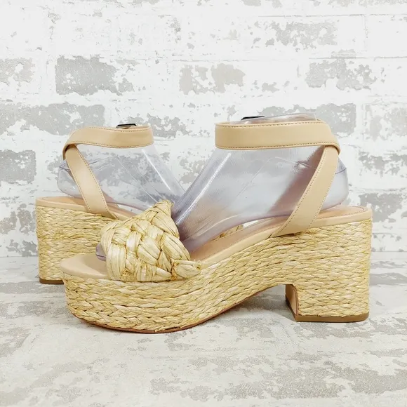 NEW Marc Fisher Steel Tan Woven Platform Heel Sandals X120
