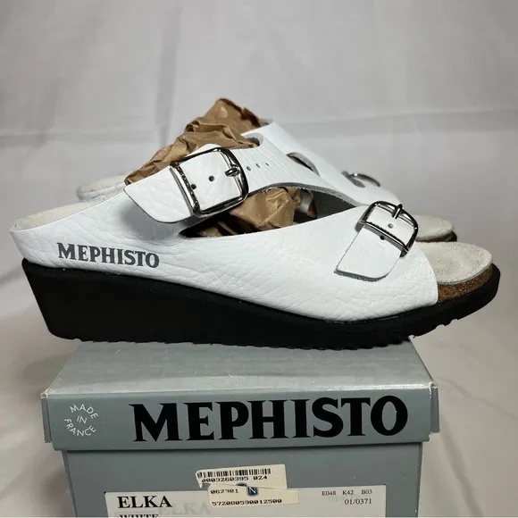 NEW NIB Mephisto Elka White Leather White Wedge Saldals Shoes Size 6 US 36 EU