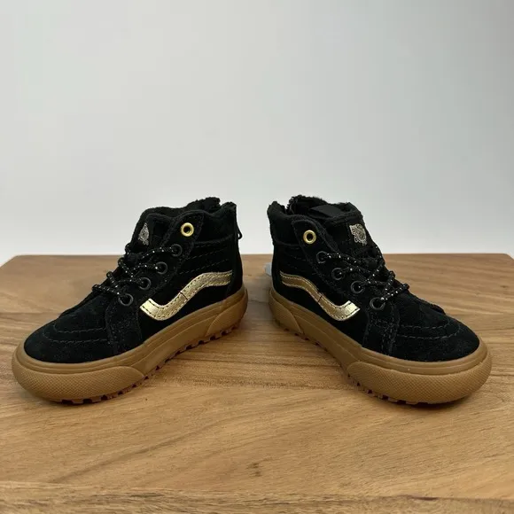 New NWOB Little Kids Vans Sk8-Hi Zip MTE-1 Black/Gold Sneakers Shoes Size 4.5 C