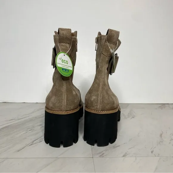 New! Paul Green Taupe Suede Buckle Lug Sole Boot 8.5 / 11