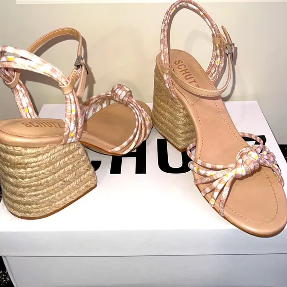 New Schutz Dahra Knotted Print Fabric Block Heel Espadrille Sandals
