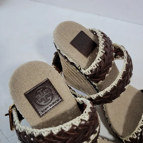 NEW Tory Burch Brown Woven Leather Paloma Ankle Strap Espadrille Wedge Sz 37.5
