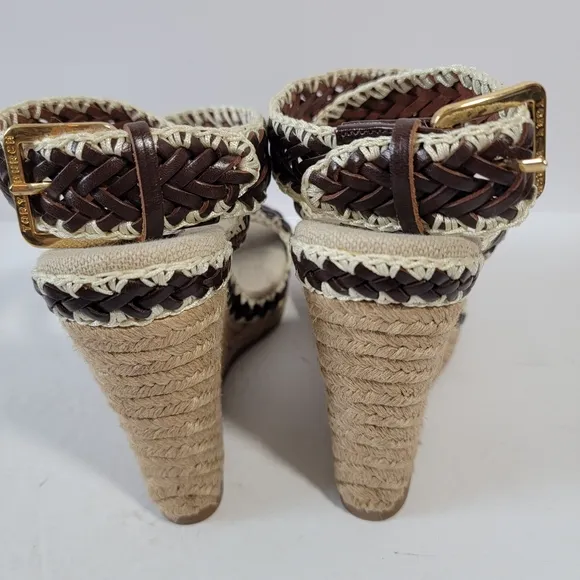 NEW Tory Burch Brown Woven Leather Paloma Ankle Strap Espadrille Wedge Sz 37.5