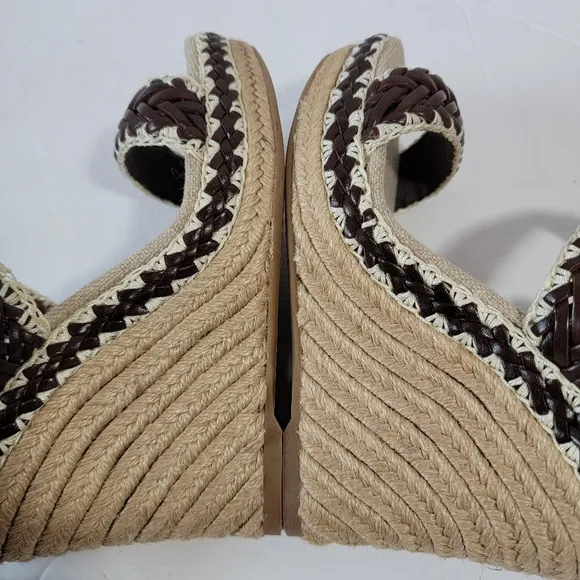 NEW Tory Burch Brown Woven Leather Paloma Ankle Strap Espadrille Wedge Sz 37.5
