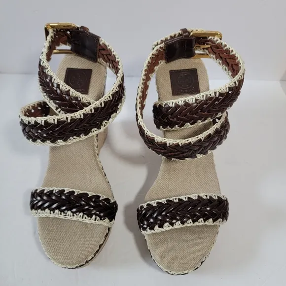 NEW Tory Burch Brown Woven Leather Paloma Ankle Strap Espadrille Wedge Sz 37.5