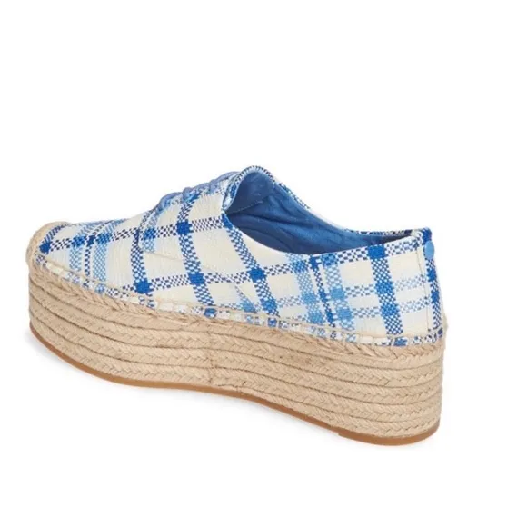 NEW TORY BURCH FLORENCE BLUE &amp; WHITE PLAID JUTE PLATFORM HEEL LACE UP SHOES 9.5