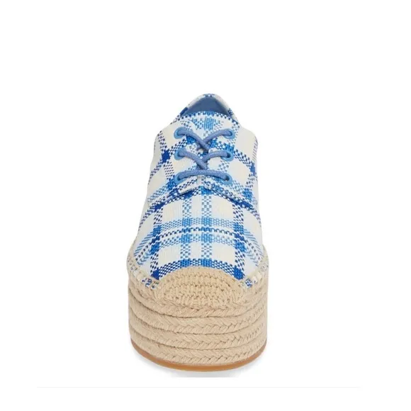 NEW TORY BURCH FLORENCE BLUE &amp; WHITE PLAID JUTE PLATFORM HEEL LACE UP SHOES 9.5