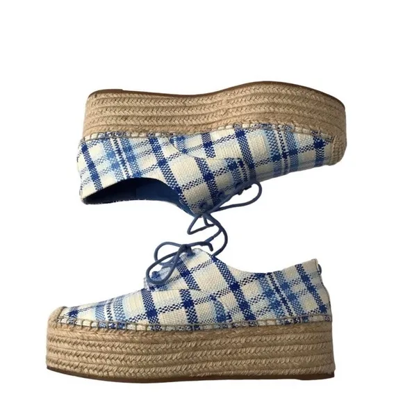 NEW TORY BURCH FLORENCE BLUE &amp; WHITE PLAID JUTE PLATFORM HEEL LACE UP SHOES 9.5