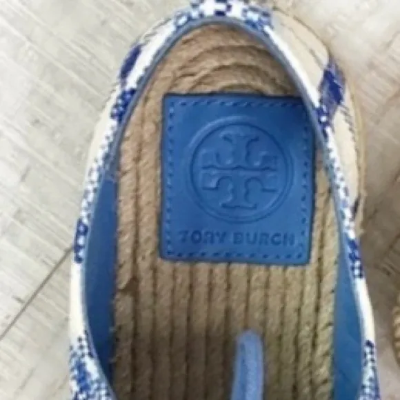 NEW TORY BURCH FLORENCE BLUE &amp; WHITE PLAID JUTE PLATFORM HEEL LACE UP SHOES 9.5