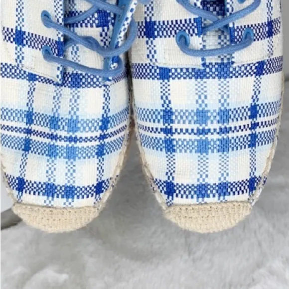 NEW TORY BURCH FLORENCE BLUE &amp; WHITE PLAID JUTE PLATFORM HEEL LACE UP SHOES 9.5