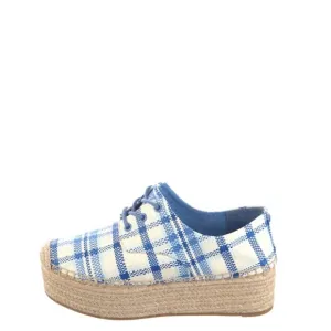 NEW TORY BURCH FLORENCE BLUE &amp; WHITE PLAID JUTE PLATFORM HEEL LACE UP SHOES 9.5