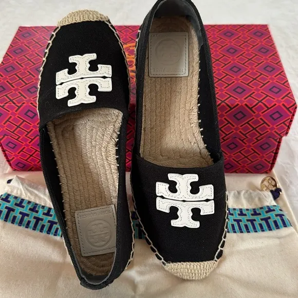 New Tory Burch Weston canvas/leather flat espadrilles