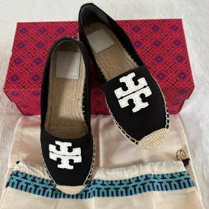 New Tory Burch Weston canvas/leather flat espadrilles