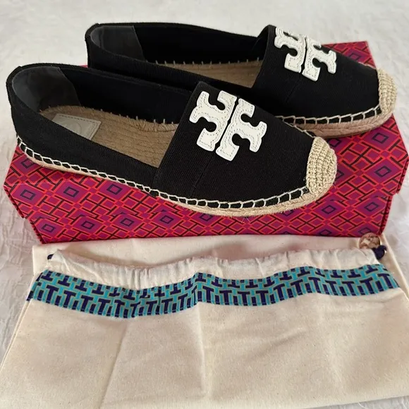 New Tory Burch Weston canvas/leather flat espadrilles