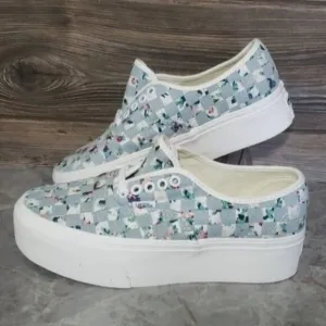 New Vans Authentic Stacked Woven Denim Floral Blue White Platform Boho Shoes