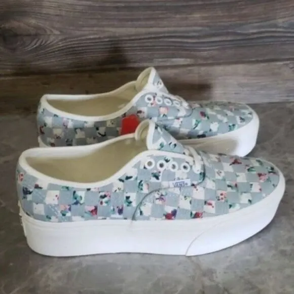 New Vans Authentic Stacked Woven Denim Floral Blue White Platform Boho Shoes