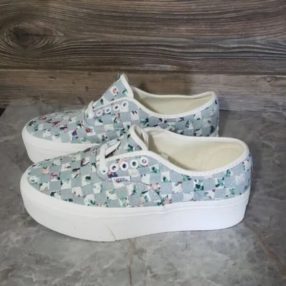 New Vans Authentic Stacked Woven Denim Floral Blue White Platform Boho Shoes