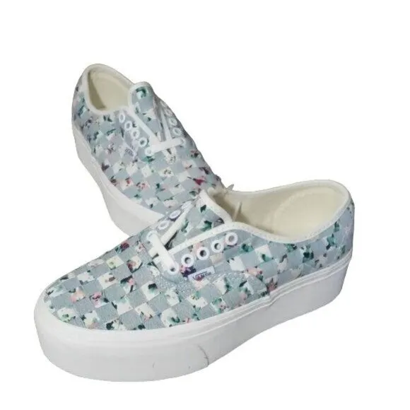 New Vans Authentic Stacked Woven Denim Floral Blue White Platform Boho Shoes