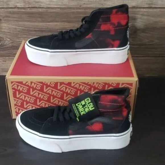 New Vans Sk8hi Stackform High Top Platforms Black Red Shoes Glow in the Dark