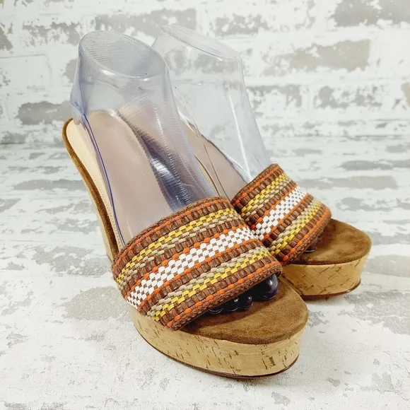 New Veronica Beard Dali Multi Woven Raffia Leather Cork Wedge Sandals B109