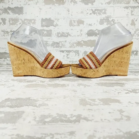 New Veronica Beard Dali Multi Woven Raffia Leather Cork Wedge Sandals B109