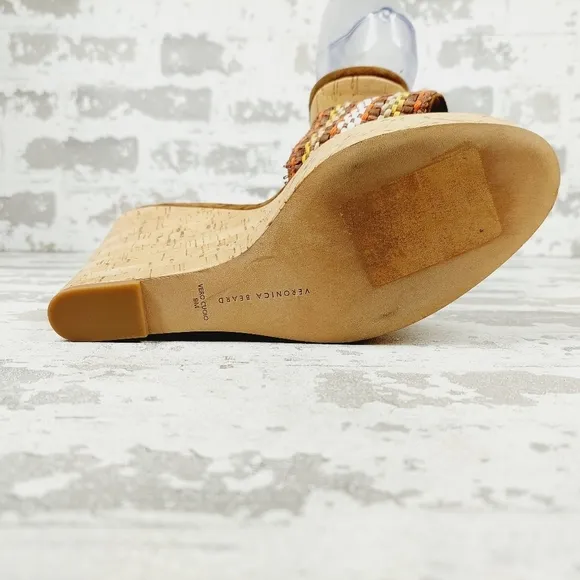 New Veronica Beard Dali Multi Woven Raffia Leather Cork Wedge Sandals B109