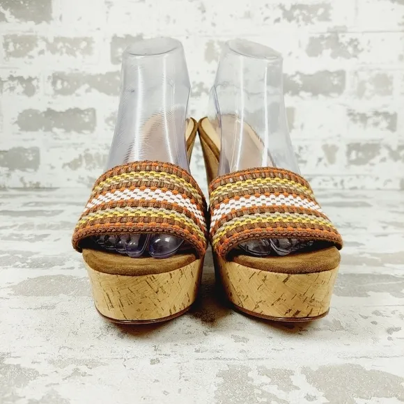 New Veronica Beard Dali Multi Woven Raffia Leather Cork Wedge Sandals B109
