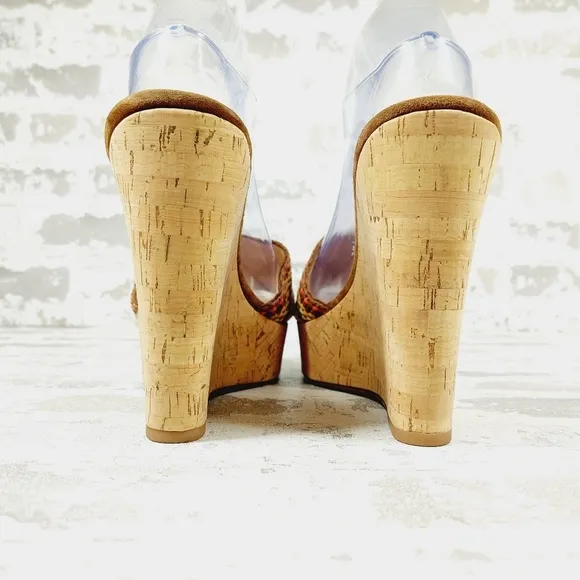 New Veronica Beard Dali Multi Woven Raffia Leather Cork Wedge Sandals B109