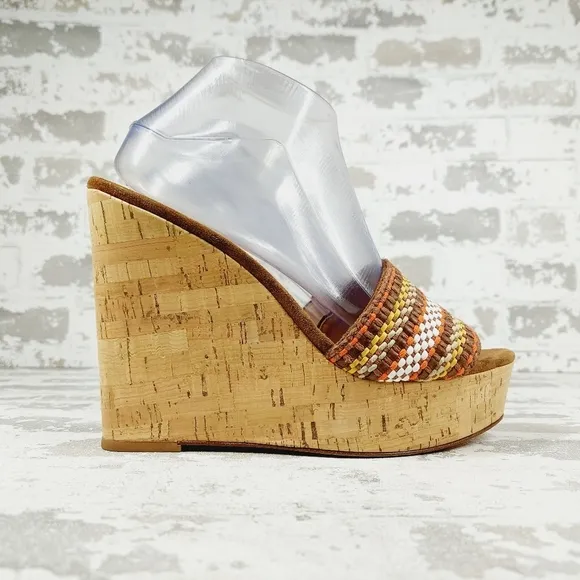 New Veronica Beard Dali Multi Woven Raffia Leather Cork Wedge Sandals B109