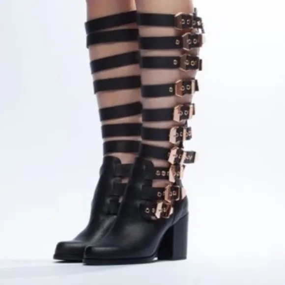 NEW YES leather Goth Halloween block buckle knee high boots shoes  11