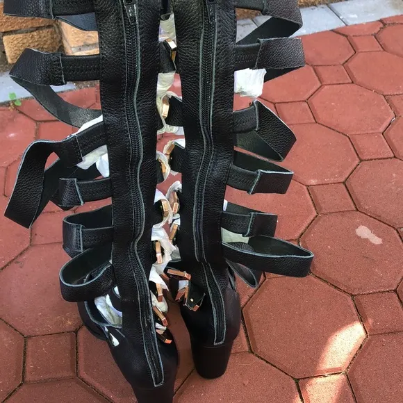 NEW YES leather Goth Halloween block buckle knee high boots shoes  11