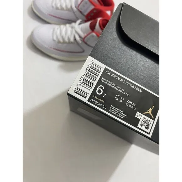 New Youth Size 6Y White Fire Red Air Jordan 2 Retro (GS) Basketball Shoes