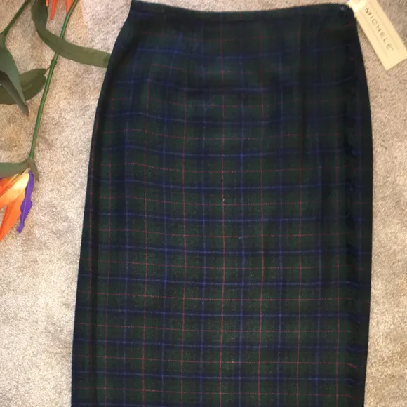 NEW~Michele Navy and Green Wool Plaid Wrap Skirt