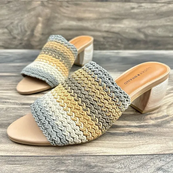 NIB Lucky Brand Nanssi 8.5M Multicolor Woven Crochet Mule Block Heel Sandals