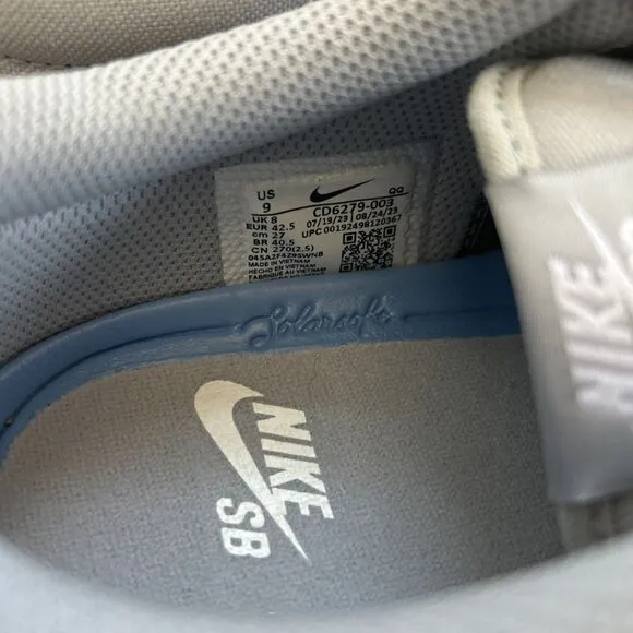 Nike SB Charge Canvas Solarsoft Men's 9 Gray Shoes Low Top Retro Skate Sneakers