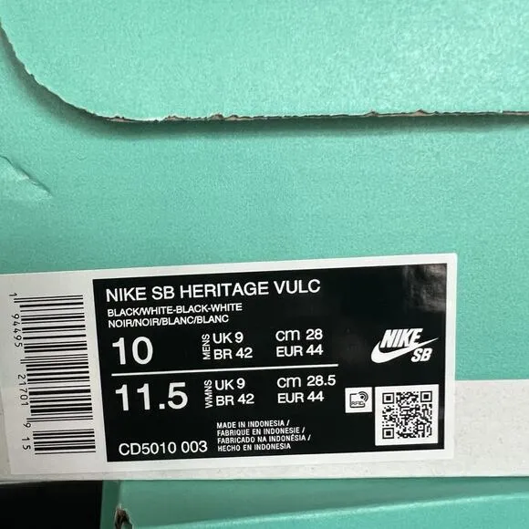 Nike SB Heritage Vulc Black White Skate Sneaker Shoes CD5010-003 Men's Size 10